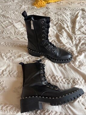 Zara Black Stud-Trim Lace-Up Combat Boots